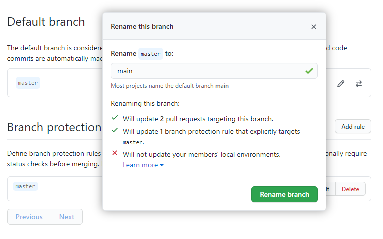 Rename default branch dialog