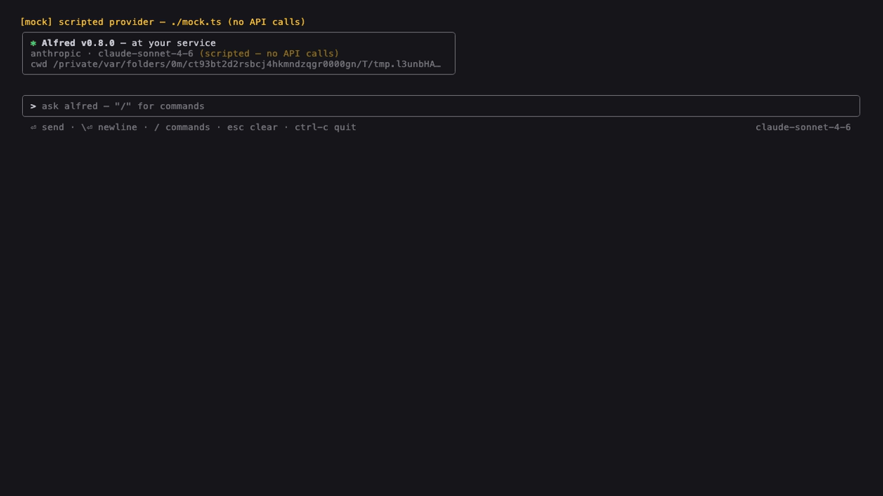 alfred TUI — bordered input, streaming ⏺ responses, slash menu, live status line