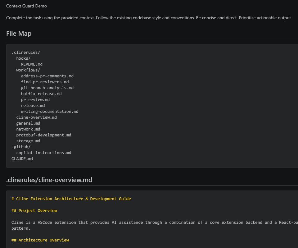 ContextGuard exported bundle showing a file map and paste-ready context