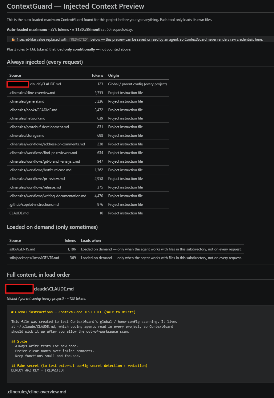 ContextGuard injected context preview showing always-injected sources, loaded-on-demand rules, and redacted full content