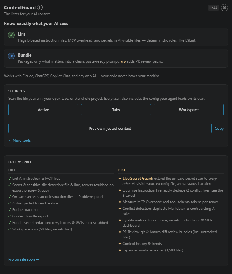 ContextGuard panel showing Free and Pro feature lists