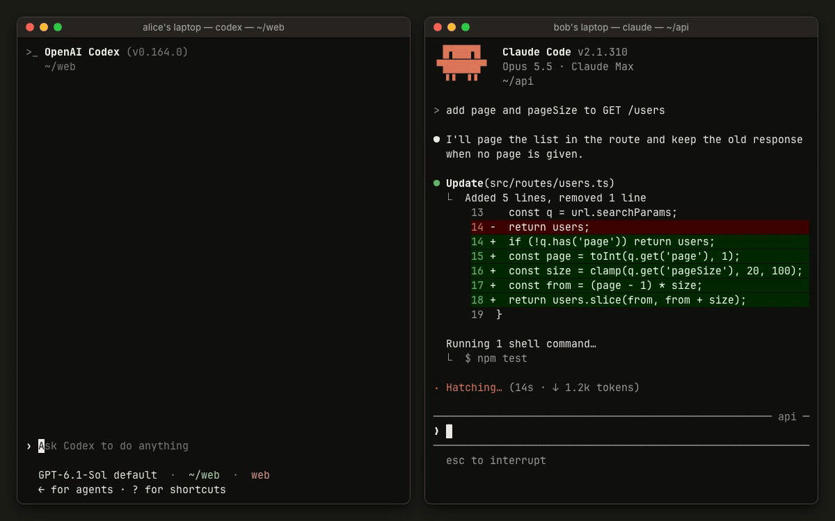 Two terminal windows. On the left, alice asks her Codex session to check with bob's api session whether GET /users is paginated, and Codex sends the question with Imbo. On the right, bob's Claude Code session is running tests; the message lands between two tool calls, Claude Code replies through Imbo, and the reply wakes alice's idle Codex session, which updates the users page.