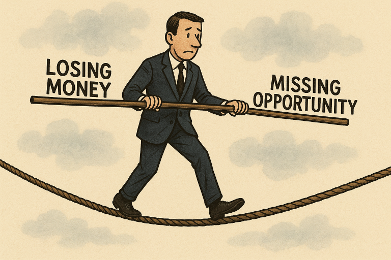 Illustration of a person walking a tightrope between losing money and missing opportunity