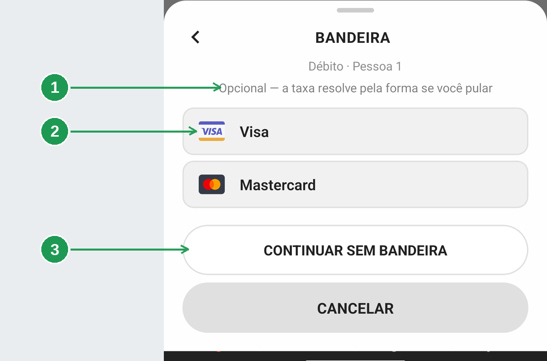 A tela de escolha da bandeira do cartão com a opção de continuar sem bandeira