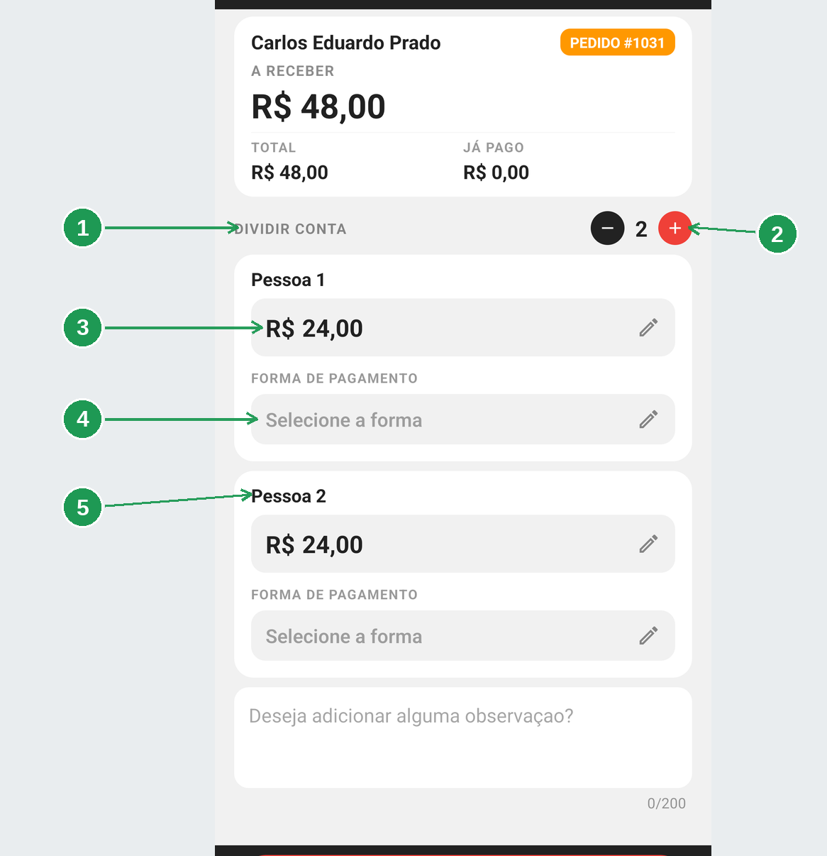 A conta dividida em duas pessoas com um bloco de valor para cada uma