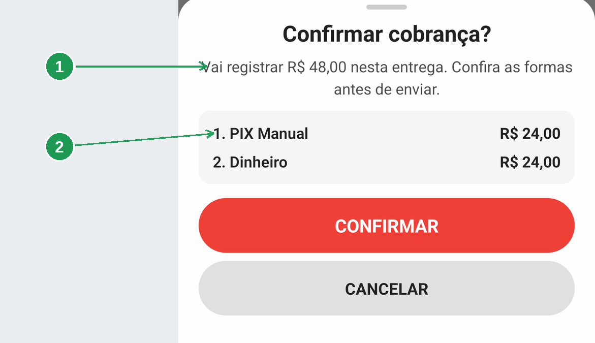 A tela de confirmação com uma linha de pagamento para cada pessoa