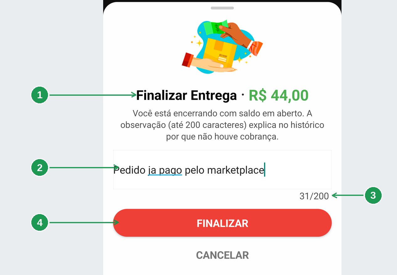 A tela de finalização da entrega com uma observação preenchida