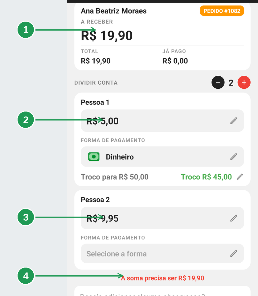 O aviso de que a soma das partes precisa fechar com o valor a receber