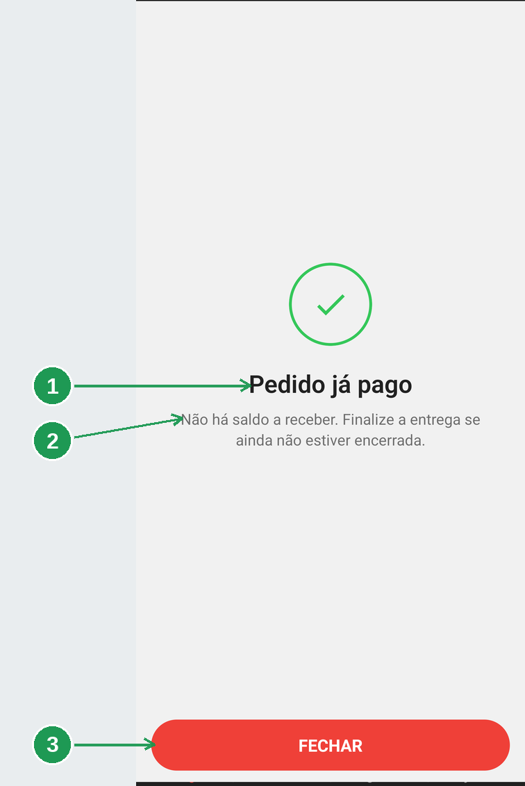 A tela Pedido já pago com marca verde e a opção de fechar