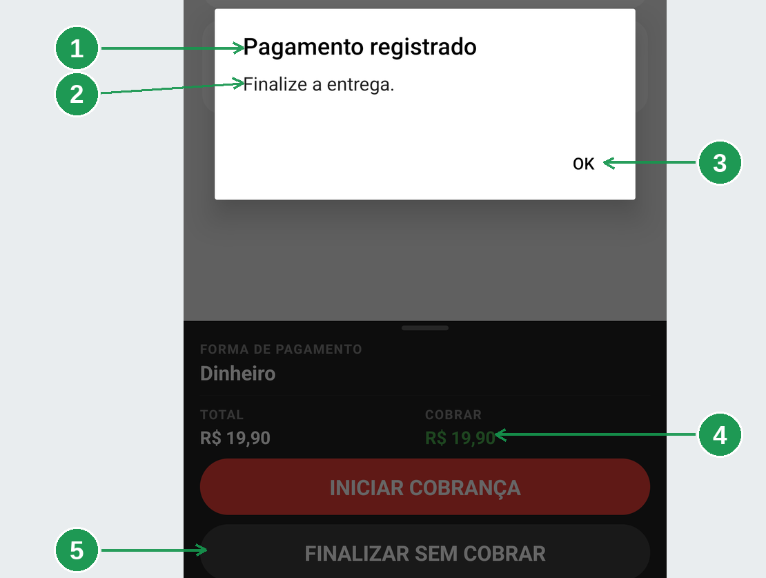 O alerta de pagamento registrado sobre os detalhes da entrega com o valor antigo no rodapé