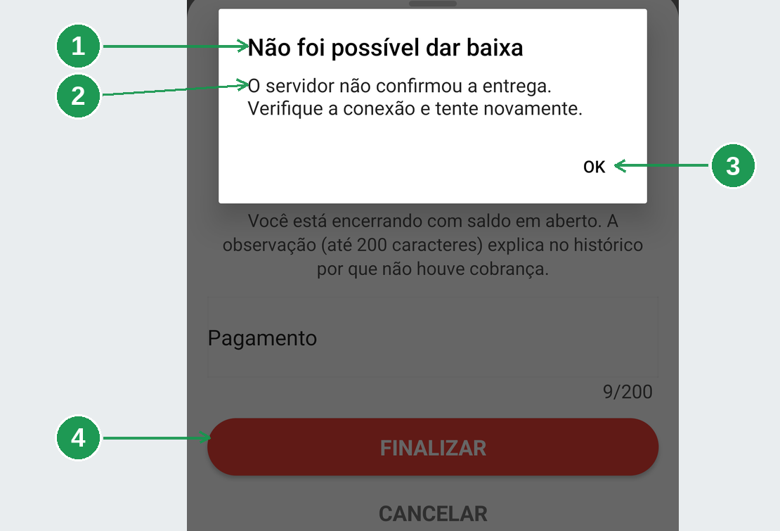 A mensagem de que não foi possível finalizar a entrega sobre a tela de finalização