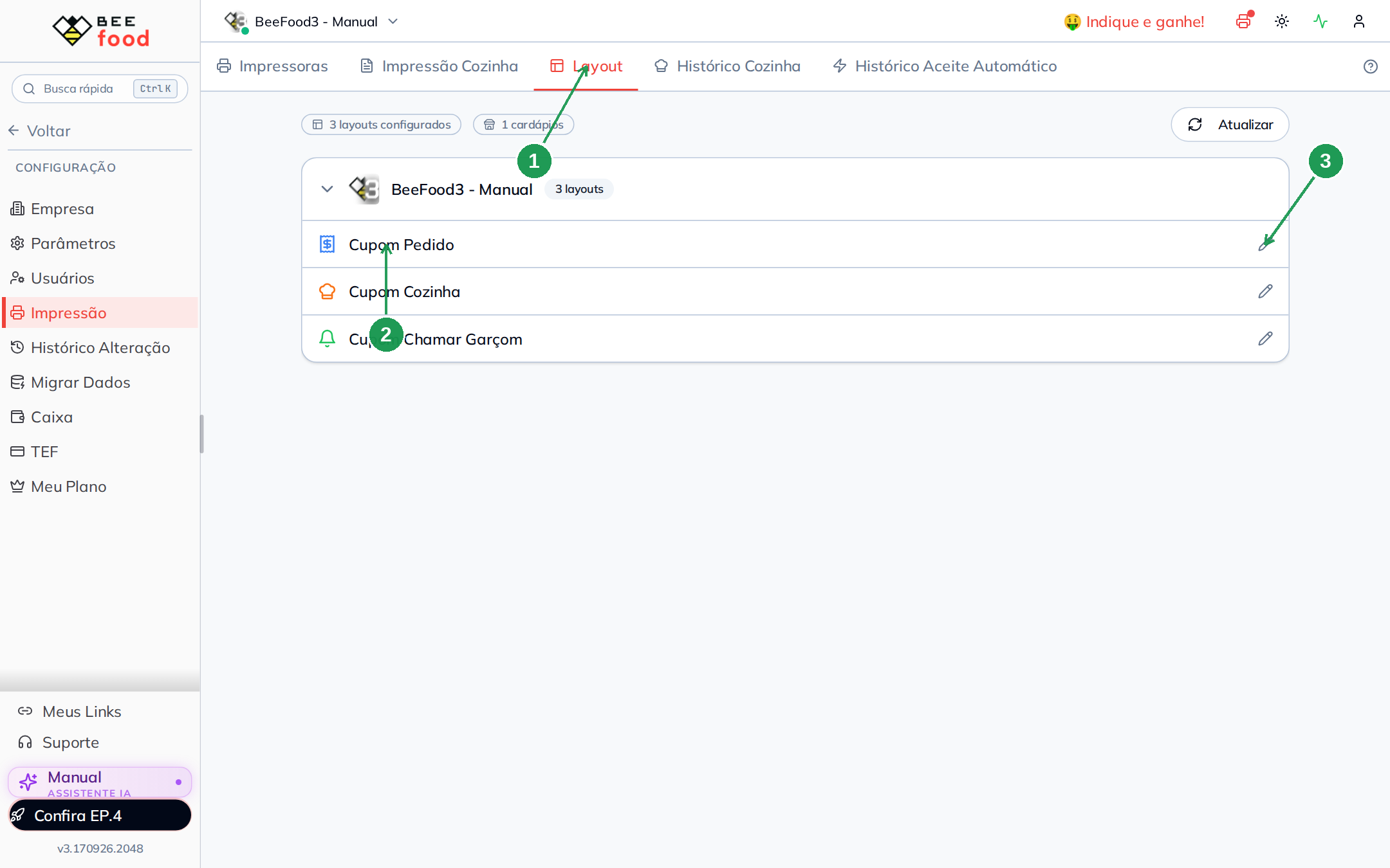 Configuração de impressão com a aba Layout aberta no painel BeeFood