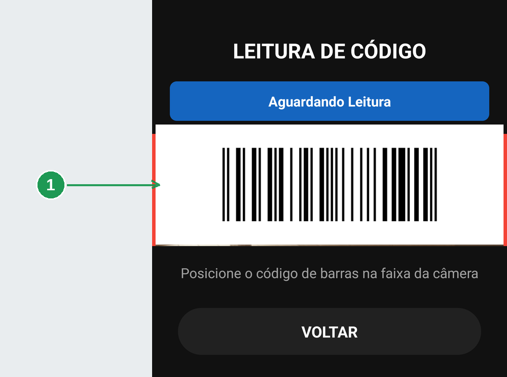 Código de barras posicionado entre as linhas vermelhas da faixa da câmera