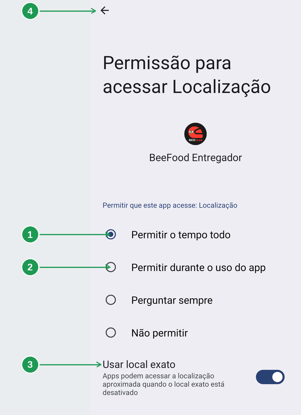 Permissão de localização em segundo plano selecionada como permitir o tempo todo