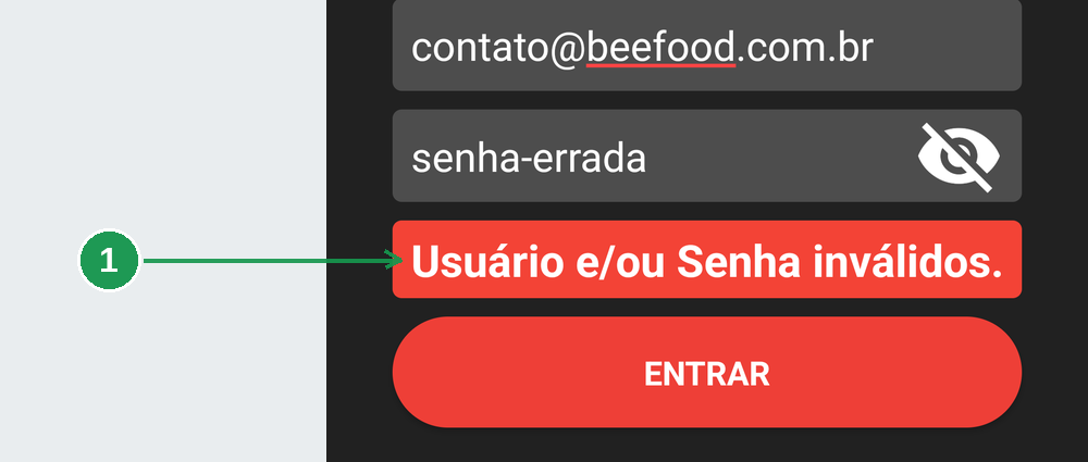 Mensagem de erro de credencial inválida no login