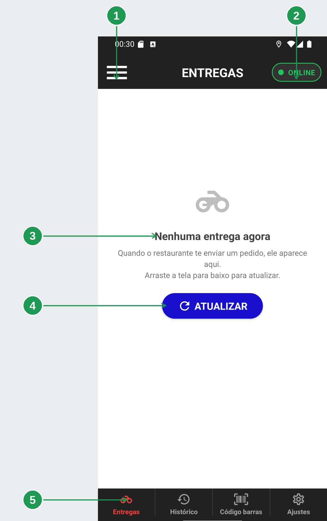 Tela de trabalho do app BeeFood Entregador com a aba Entregas aberta