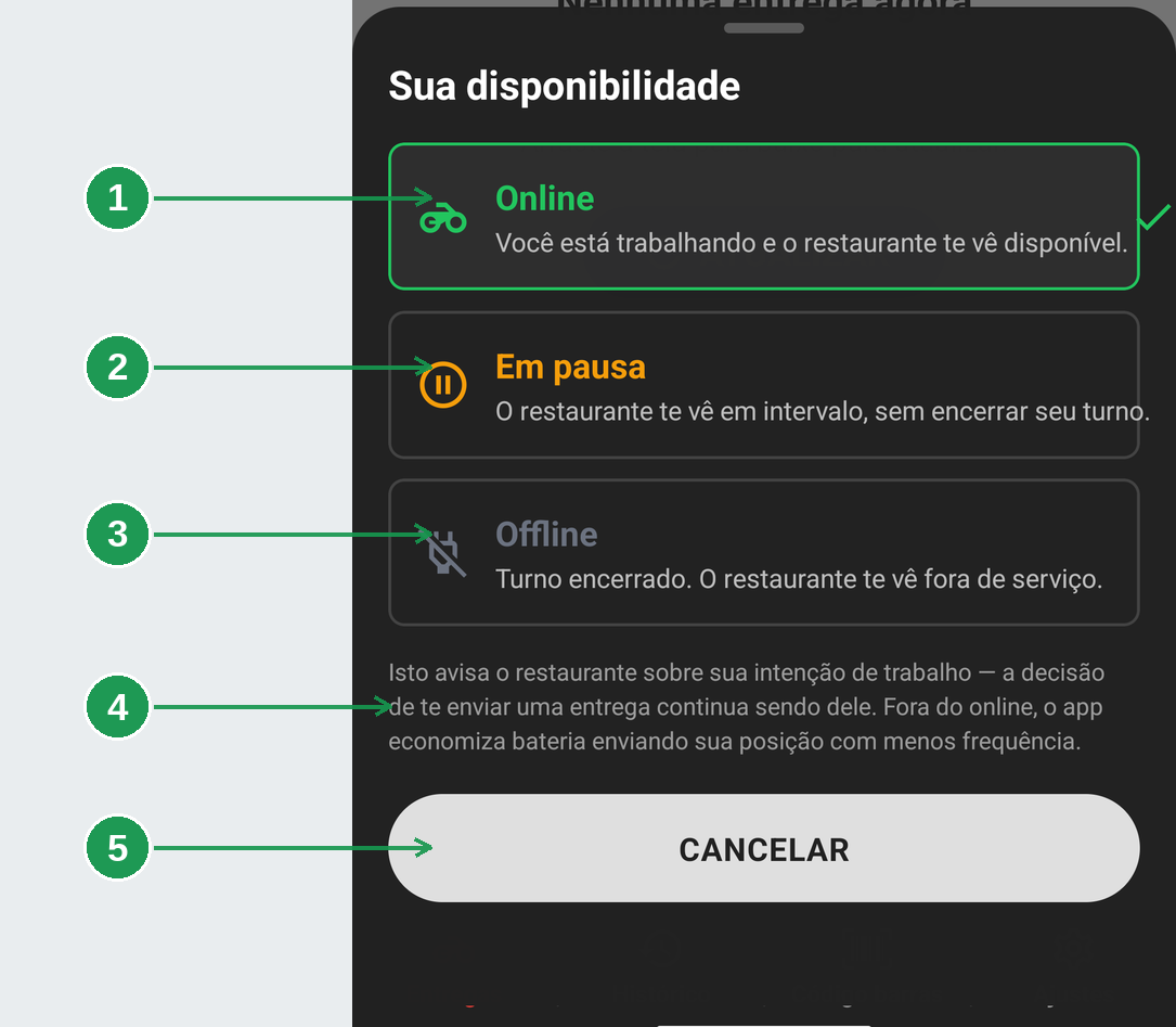 Folha de disponibilidade com os estados Online, Em pausa e Offline
