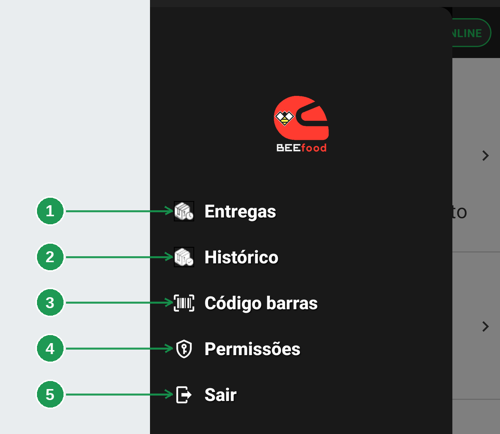 Menu do app BeeFood Entregador com as opções Entregas, Histórico, Código barras, Permissões e Sair