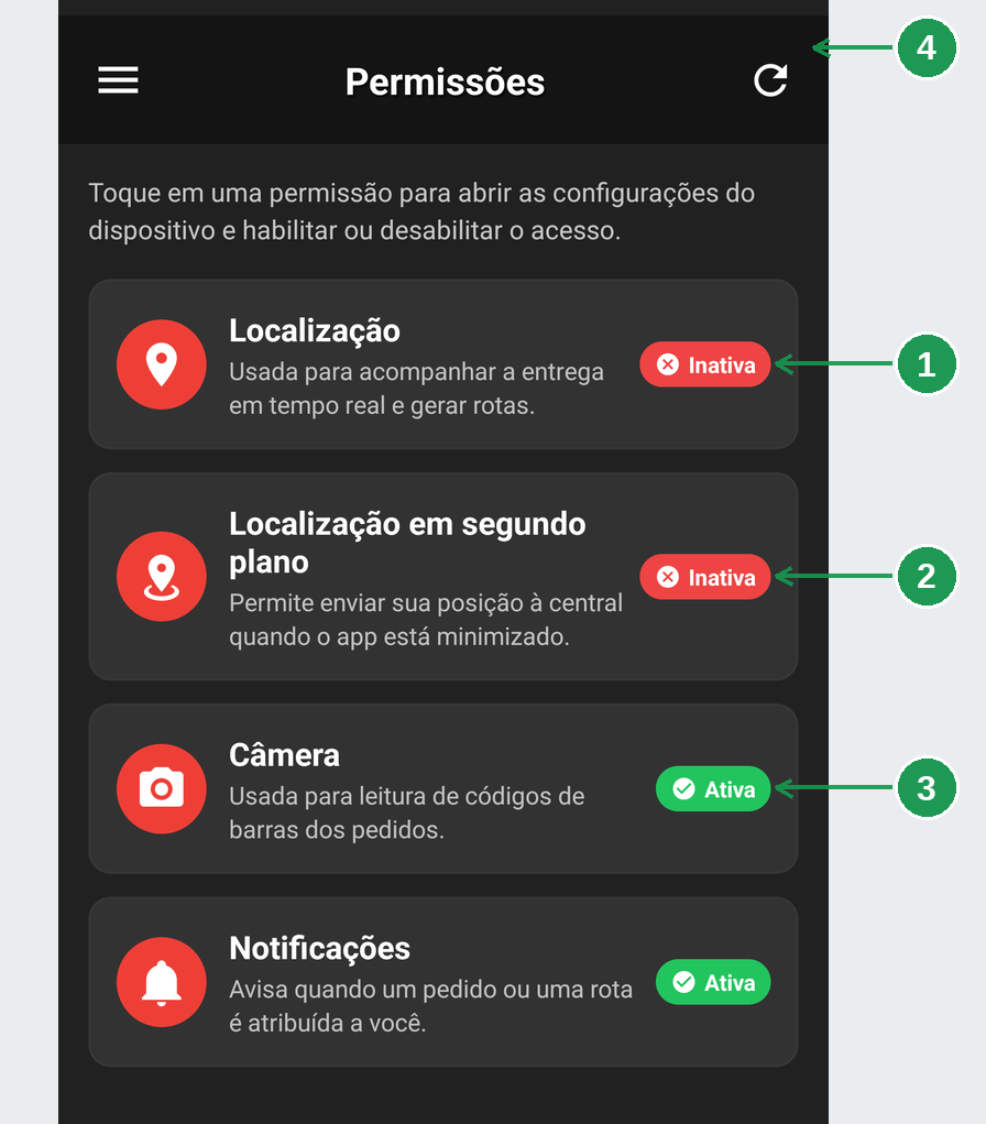 Cartão de permissão inativa na tela de Permissões do app