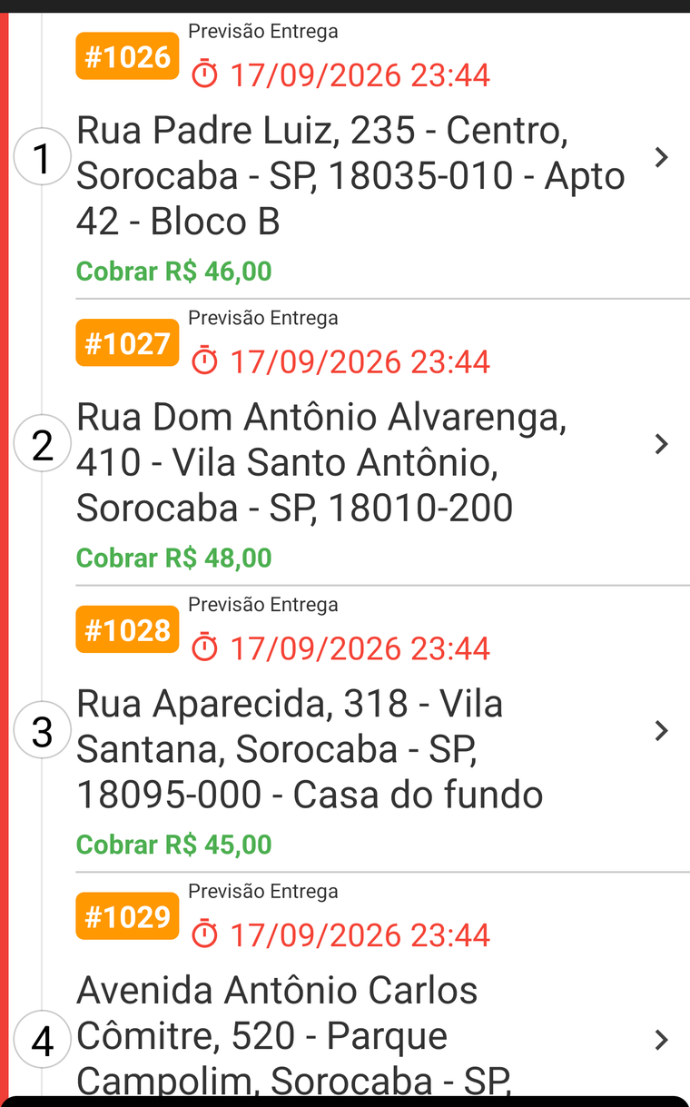 Lista de entregas do dia no app BeeFood Entregador