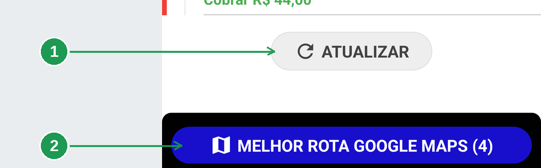 Final da lista de entregas com os botões Atualizar e Melhor Rota Google Maps