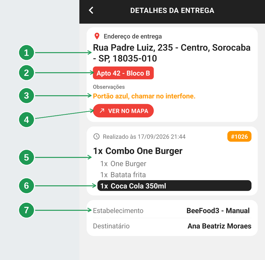 Detalhes de uma entrega no app BeeFood Entregador