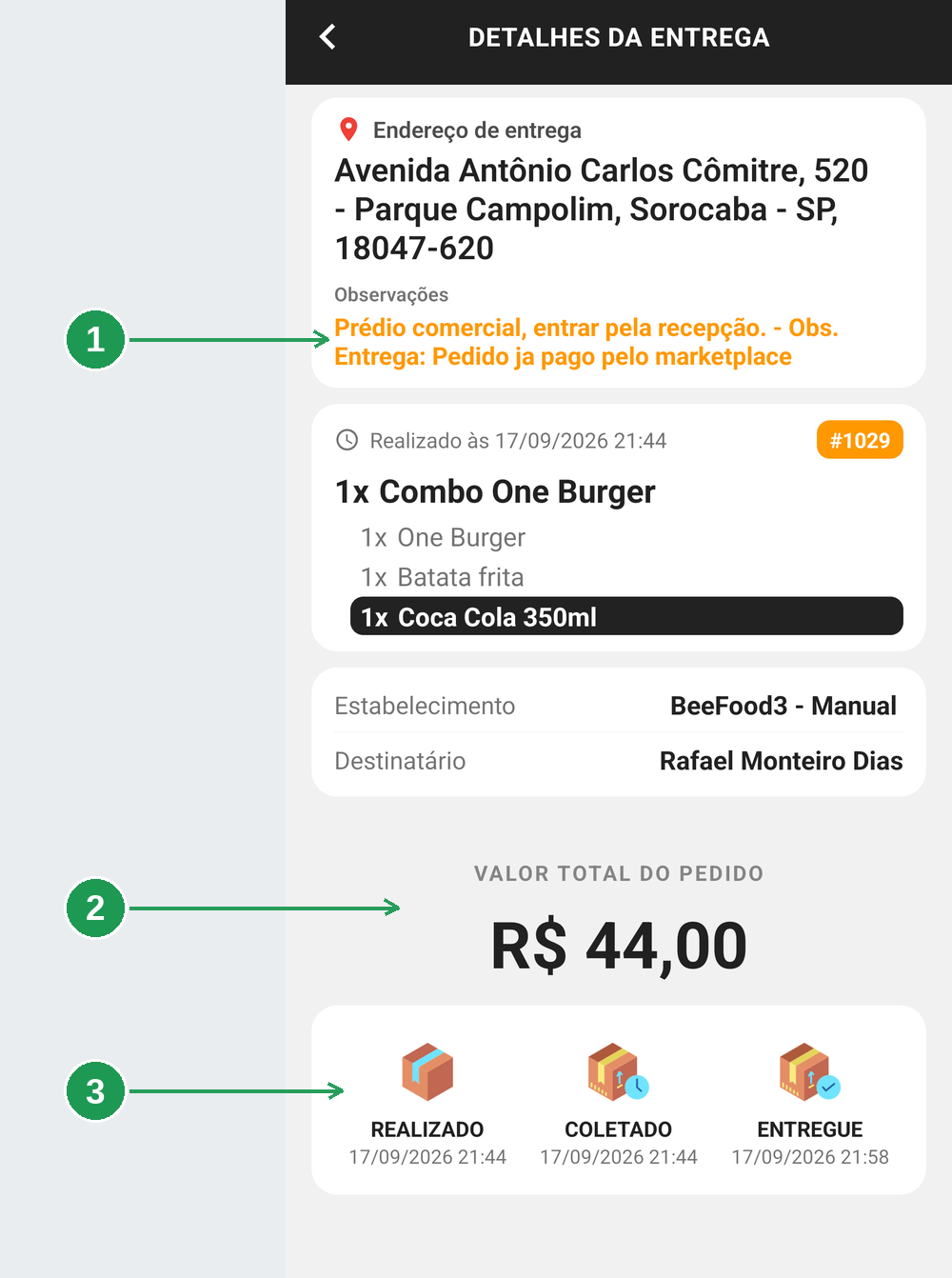 Detalhe de uma entrega finalizada no histórico com a linha do tempo