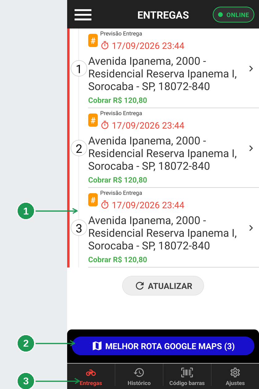Lista de entregas depois da remoção de um pedido