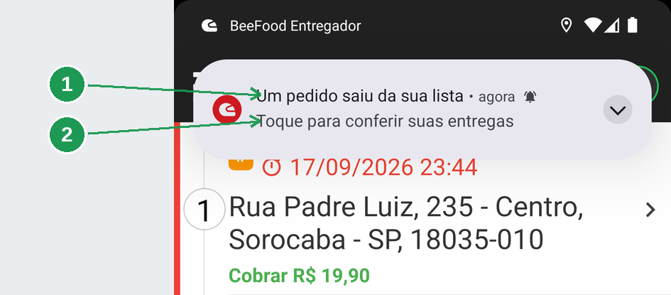 Aviso de remoção de pedido da lista de entregas