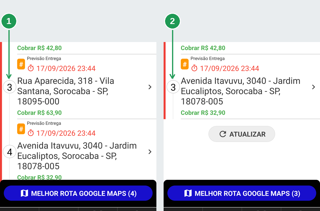 Comparação da lista de entregas antes e depois da atualização