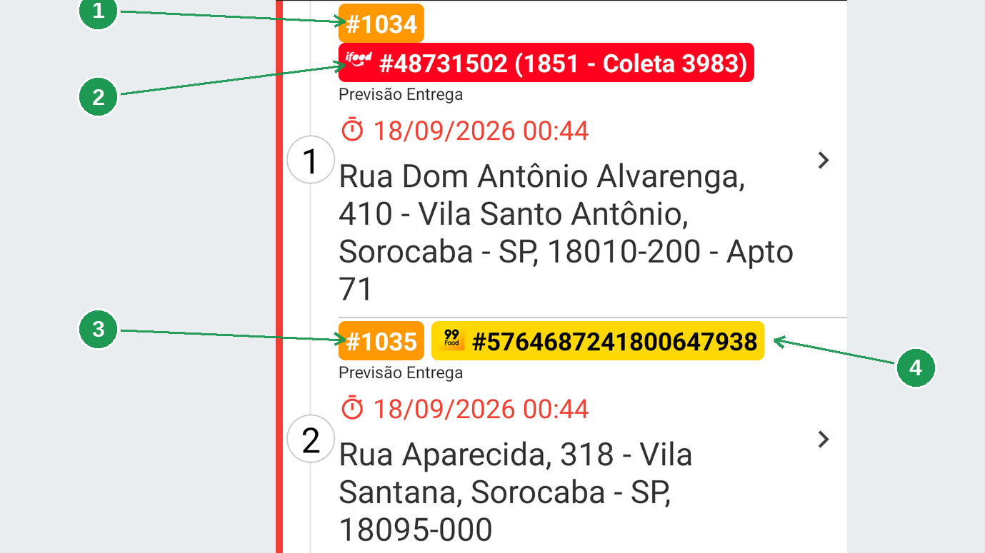 Cartão de pedido de marketplace na lista de entregas com selo colorido