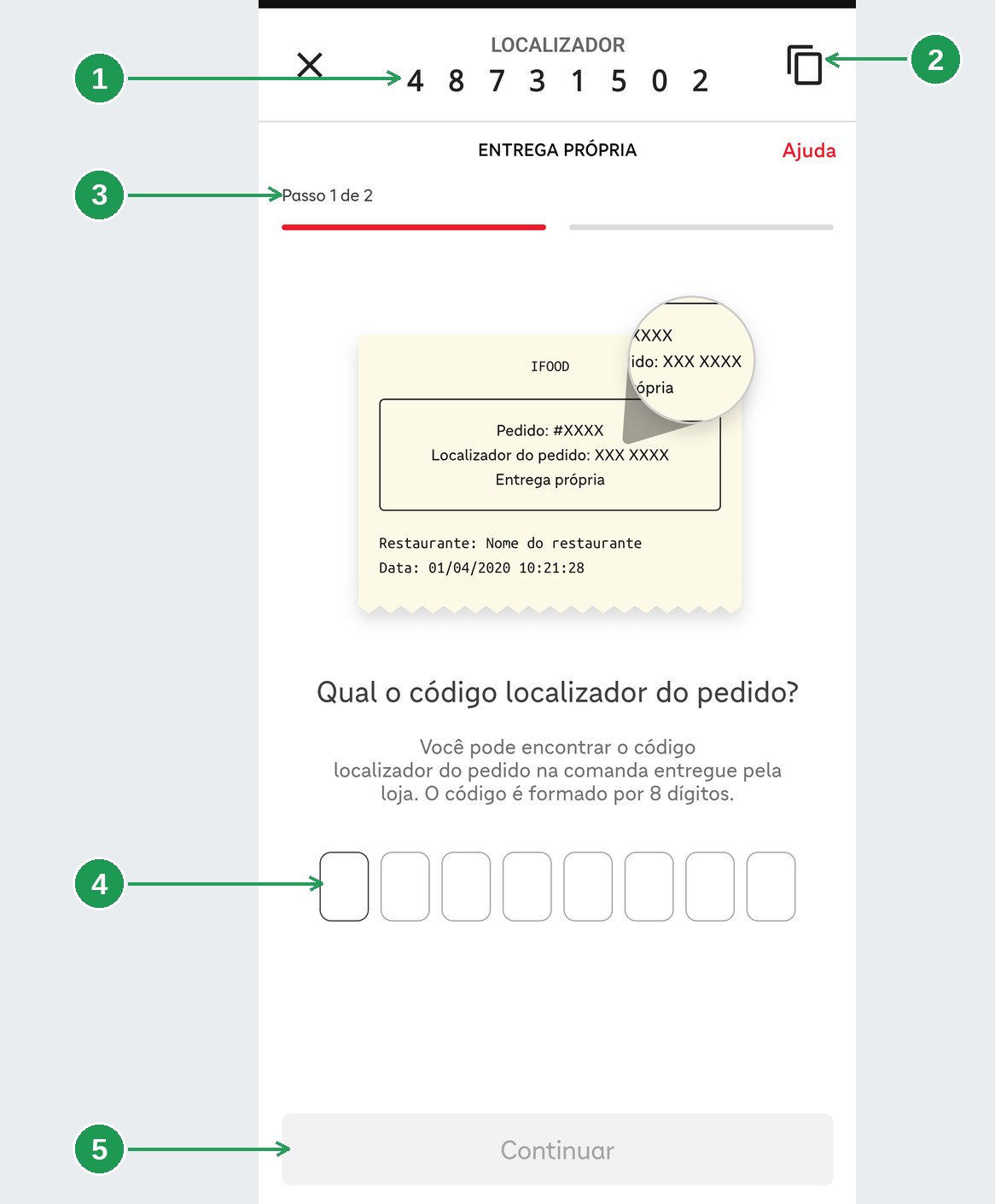 Tela de confirmação de entrega do iFood com localizador e campos para o código