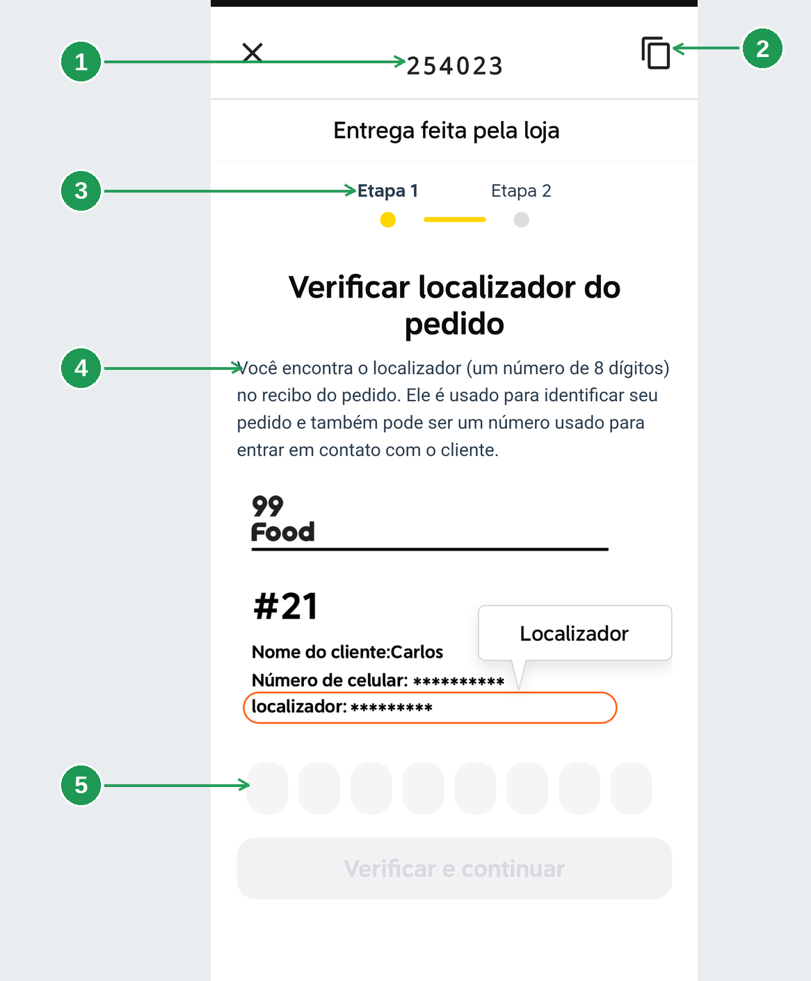 Tela de confirmação de entrega do 99Food com código e campos para o localizador