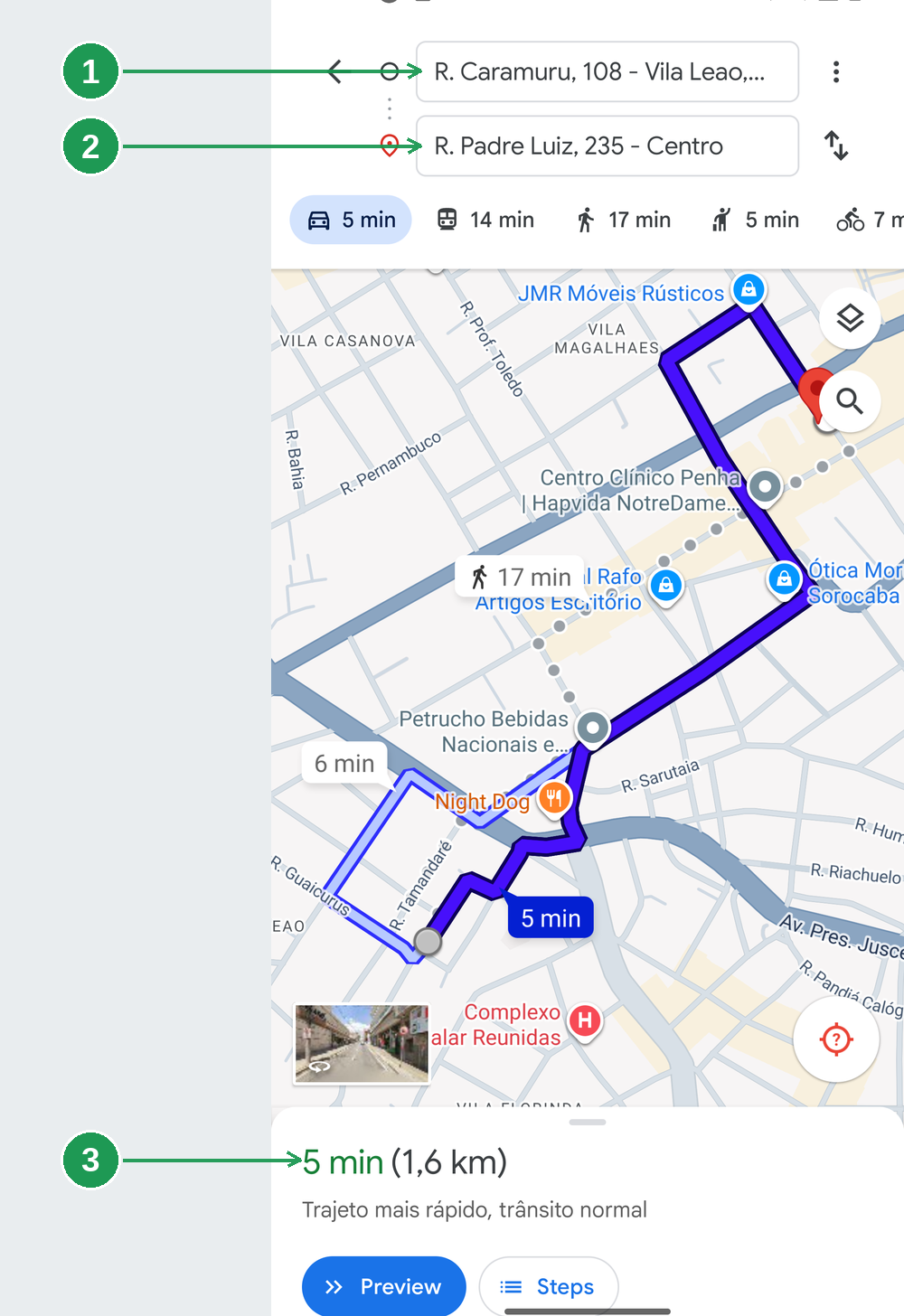 Google Maps aberto com a rota para uma única parada