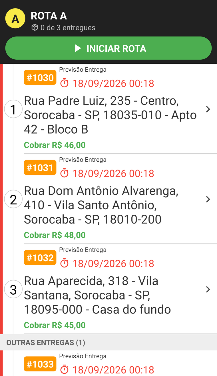 Rota montada pelo restaurante aparecendo na lista de entregas do app