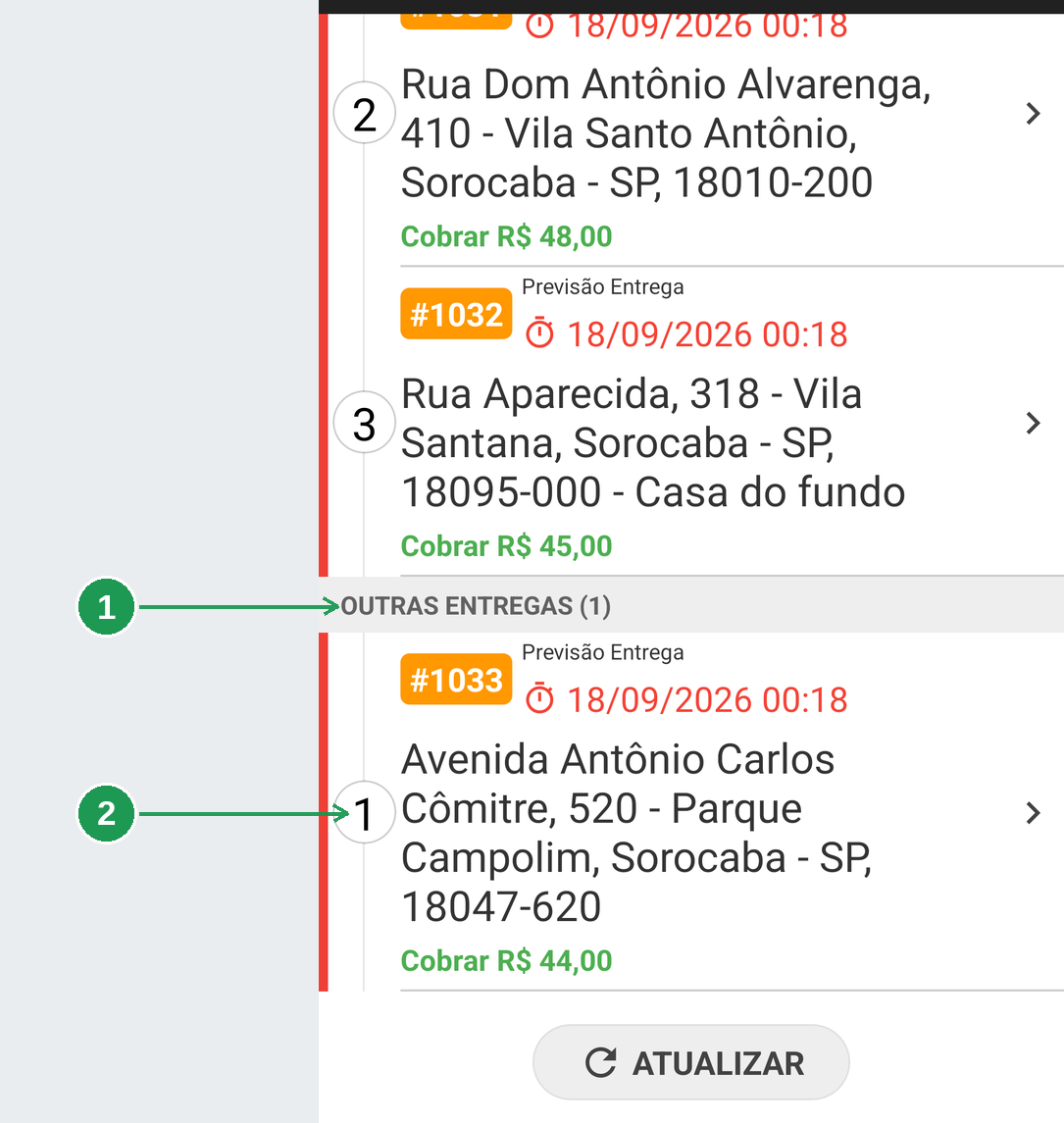 Faixa OUTRAS ENTREGAS separando entregas soltas da rota montada