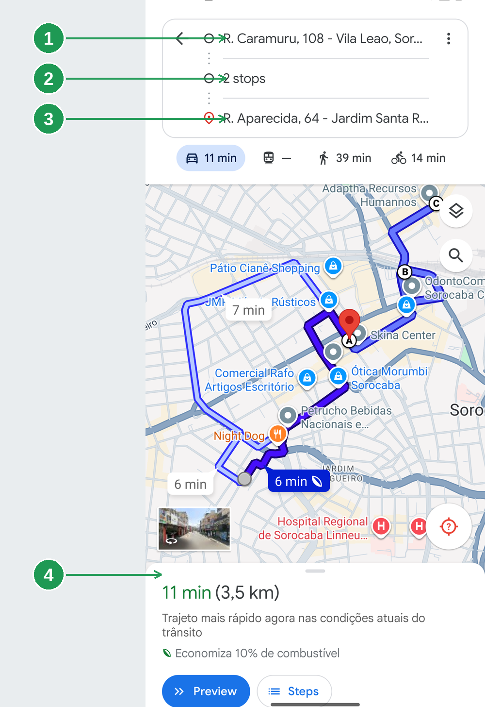 Cabeçalho da rota com a etiqueta em rota e o botão ABRIR NO MAPS