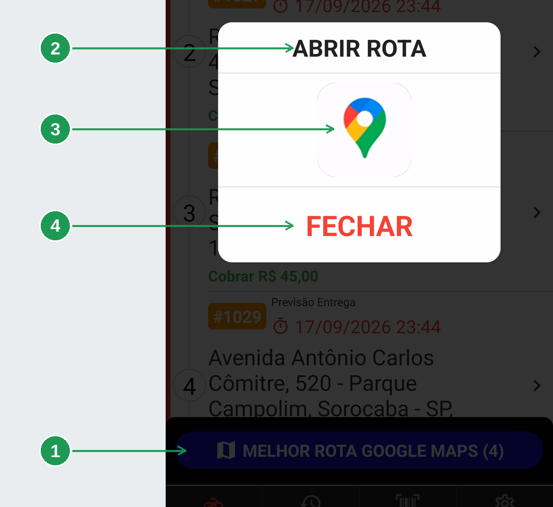 Botão MELHOR ROTA GOOGLE MAPS no pé da lista de entregas