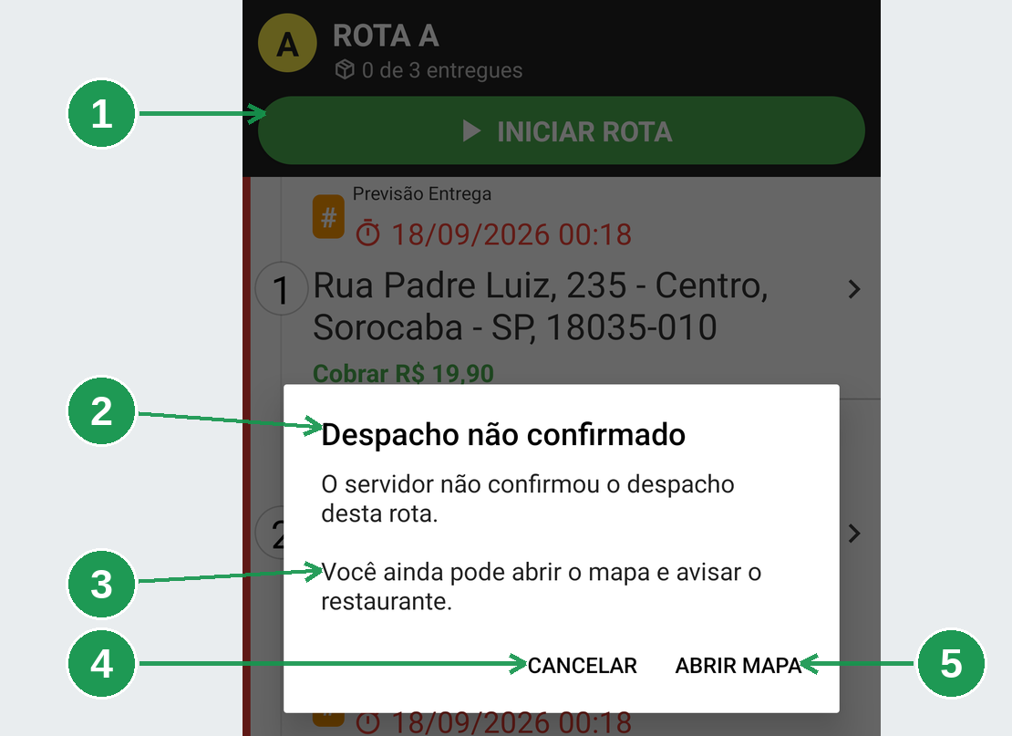 Janela de despacho não confirmado no app entregador