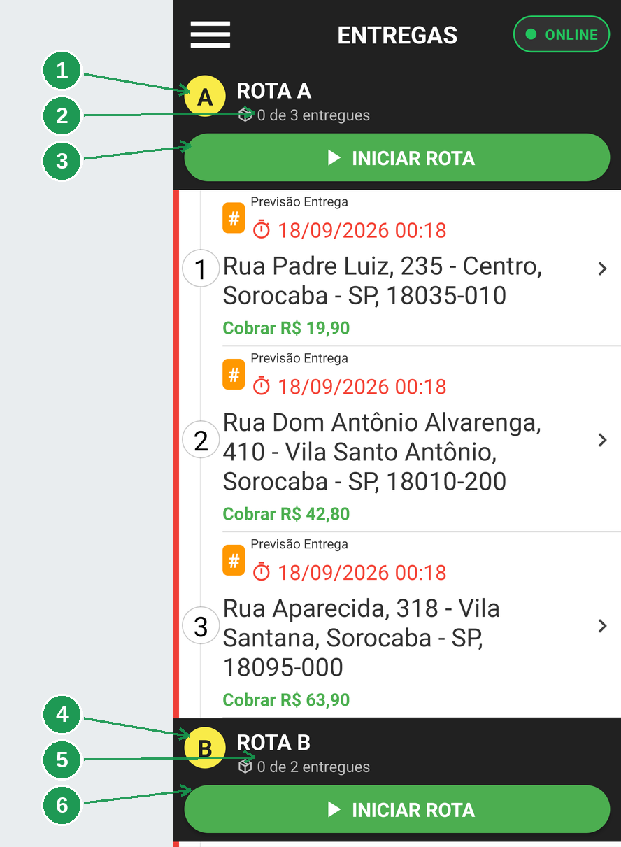 Duas rotas simultâneas na lista de entregas do app entregador