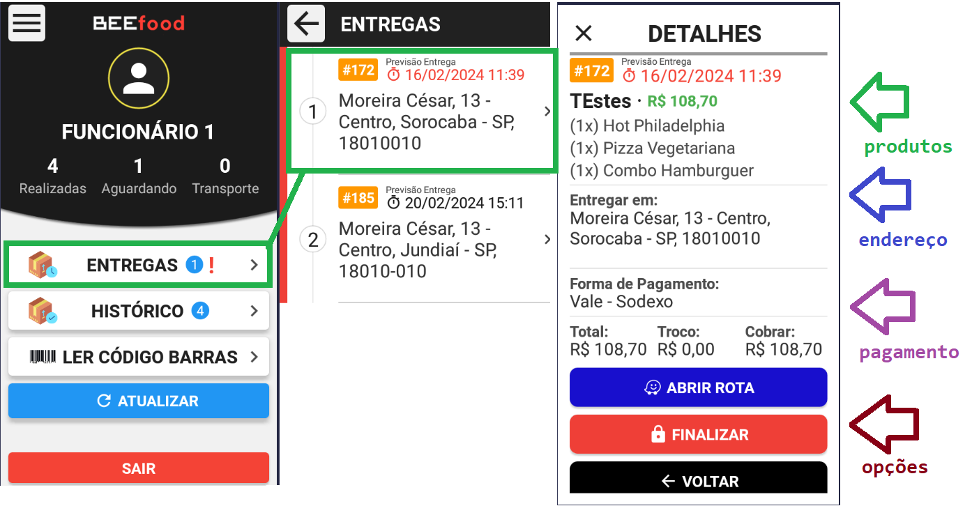 Tela de entregas com lista de pedidos e detalhes da entrega