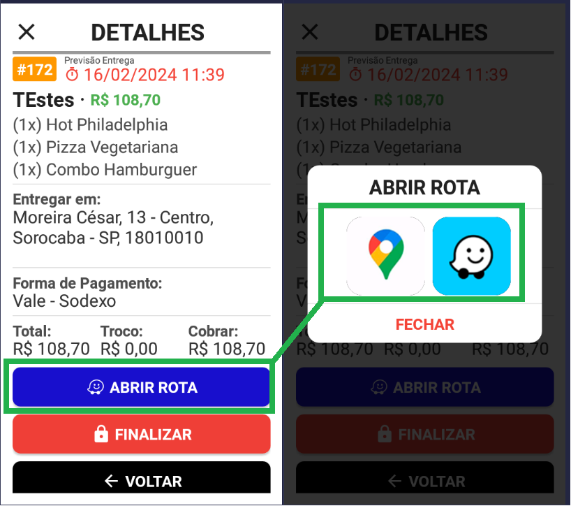 Tela de escolha do aplicativo de rota entre Google Maps e Waze
