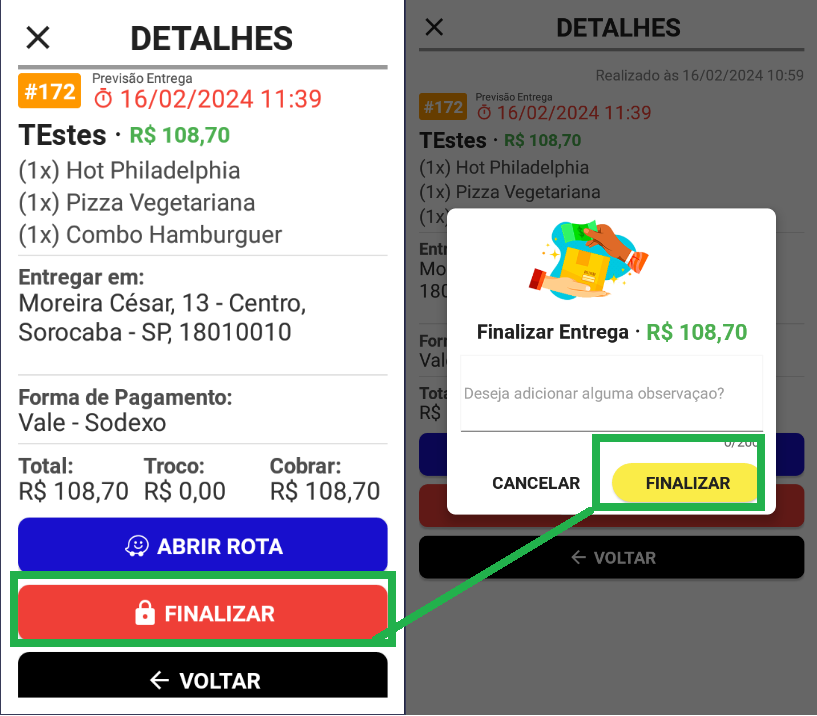 Tela de finalização da entrega com campo de observação