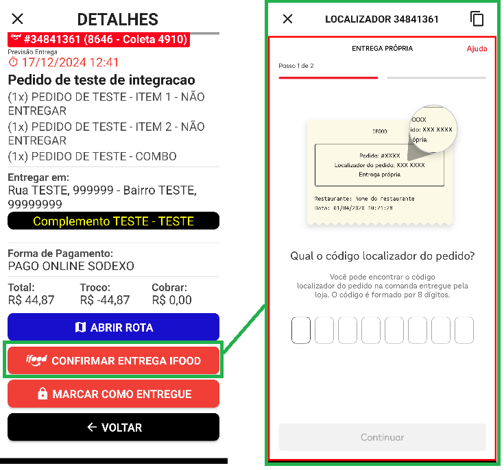 Tela do app com o botão Confirmar Entrega iFood