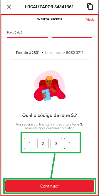 Tela para digitar o código de confirmação do cliente no iFood