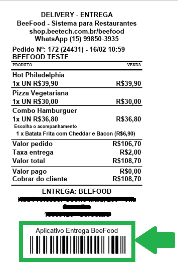 Cupom físico de delivery com o código de barras impresso