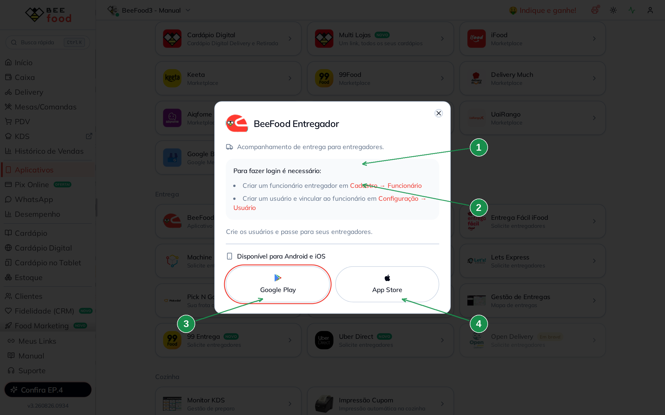 Modal do BeeFood Entregador com instruções e links para download