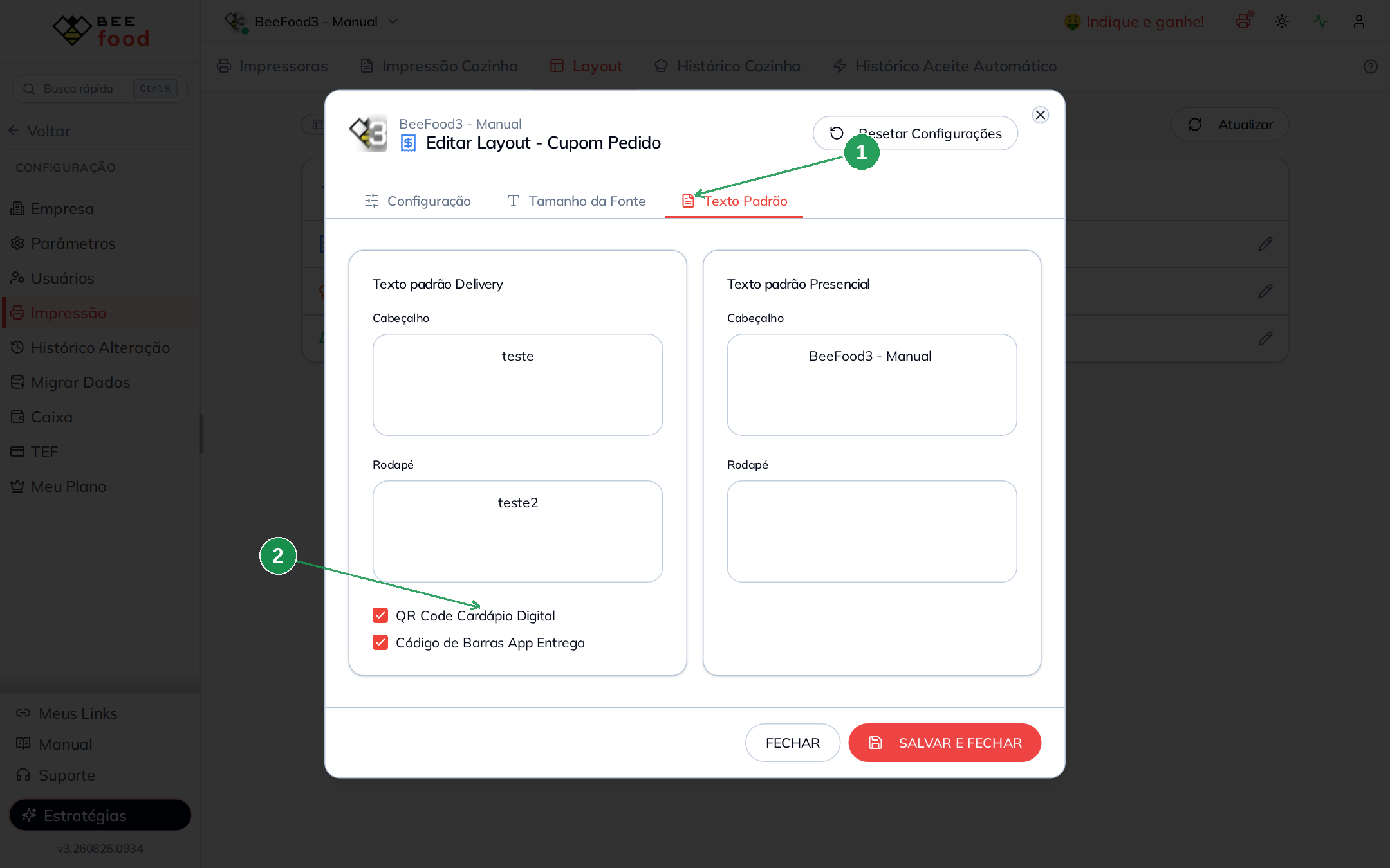 Layout do cupom com a opção Código de Barras App Entrega