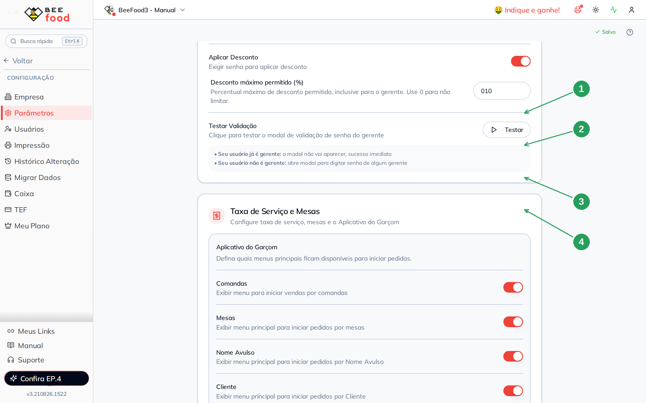 Interruptores dos menus do app do garçom ligados