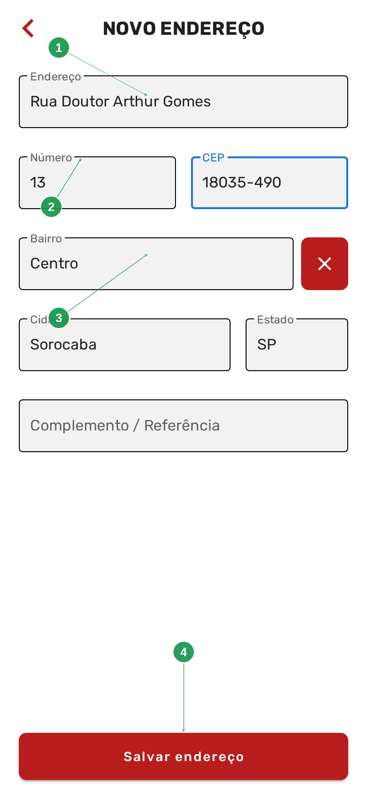 Cardápio — formulário de endereço depois da busca do bairro